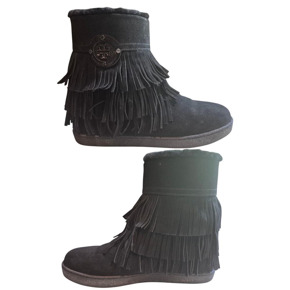 Tory Burch Collins Black Suede Leather Fringe Lambswool Ankle Boots Shoes 9